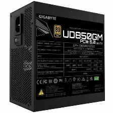 Fuente De Poder Gigabyte Ud850gm Pg5 V2 850 W, Atx 3.1, 80 Plus Gold, Fully-modular, Negro